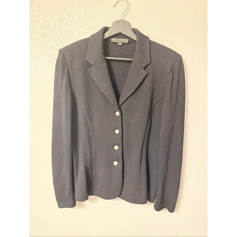 St. John Basics Black Knitwear Jacket with Rhinestone Buttons Size 10